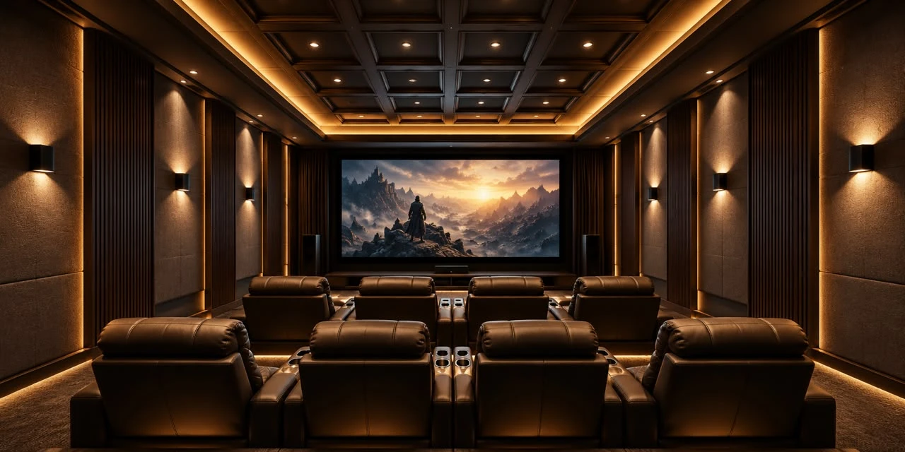 Private cinema with rows of leather recliners facing a large screen